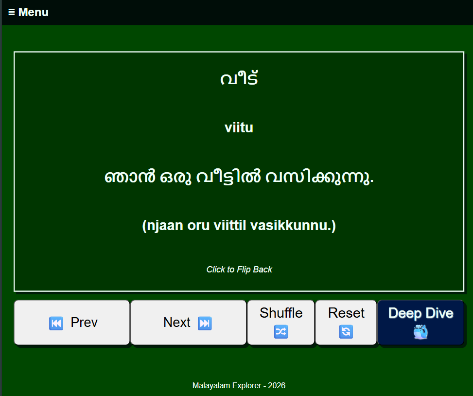 screenshot of flashcards page showing malayalam translation, flashcard control buttons, and form for creating new flashcards